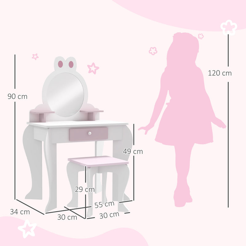 Kids Dressing Table with Mirror and Stool Ideal for Bedroom or Playroom, White and Pink