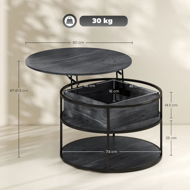 Charcoal Grey Round Lift Top Coffee Table With Storage Shelf For Living Room Or Office