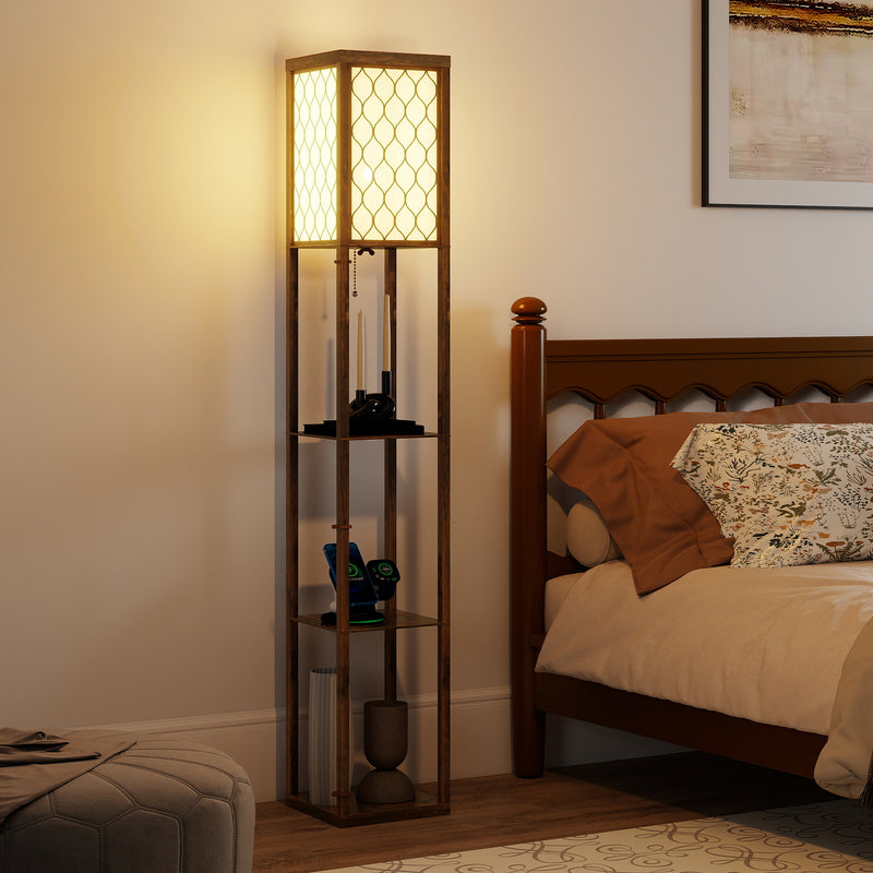 Standing Floor Lamp With Three Storage Shelves For Living Room Or Bedroom, Rustic Brown White AOSOM