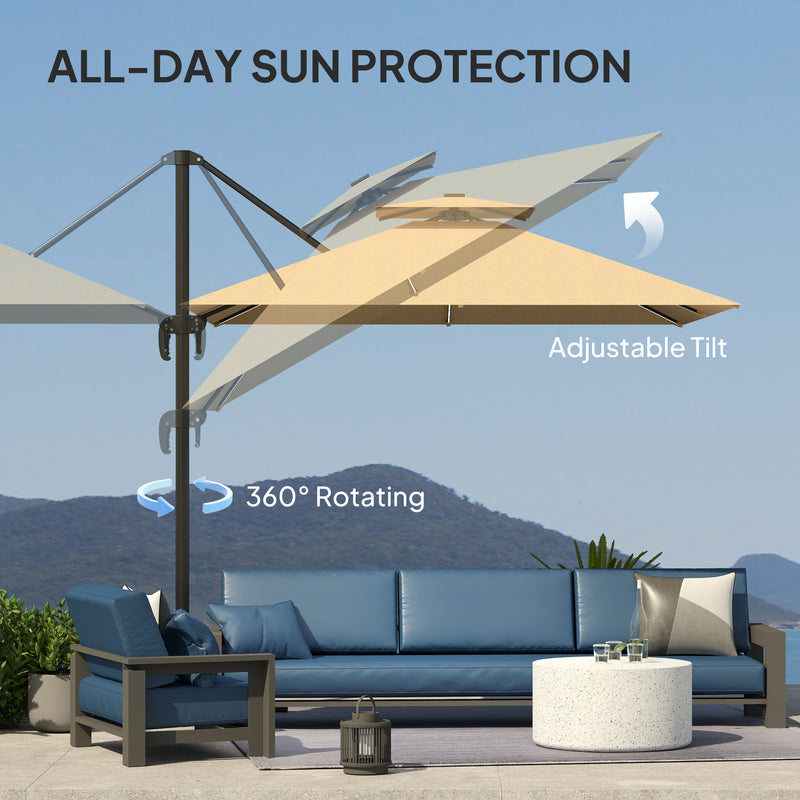 2.5m Cantilever Parasol with Solar LED Lights 360Â° Rotation and Crank Handle Khaki by Outsunny