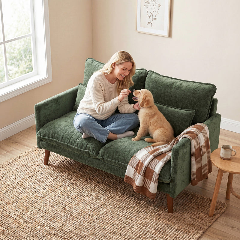 2 Seater Compact Sofa for Small Flats with Supportive Cushions and Velvet Feel Fabric Green