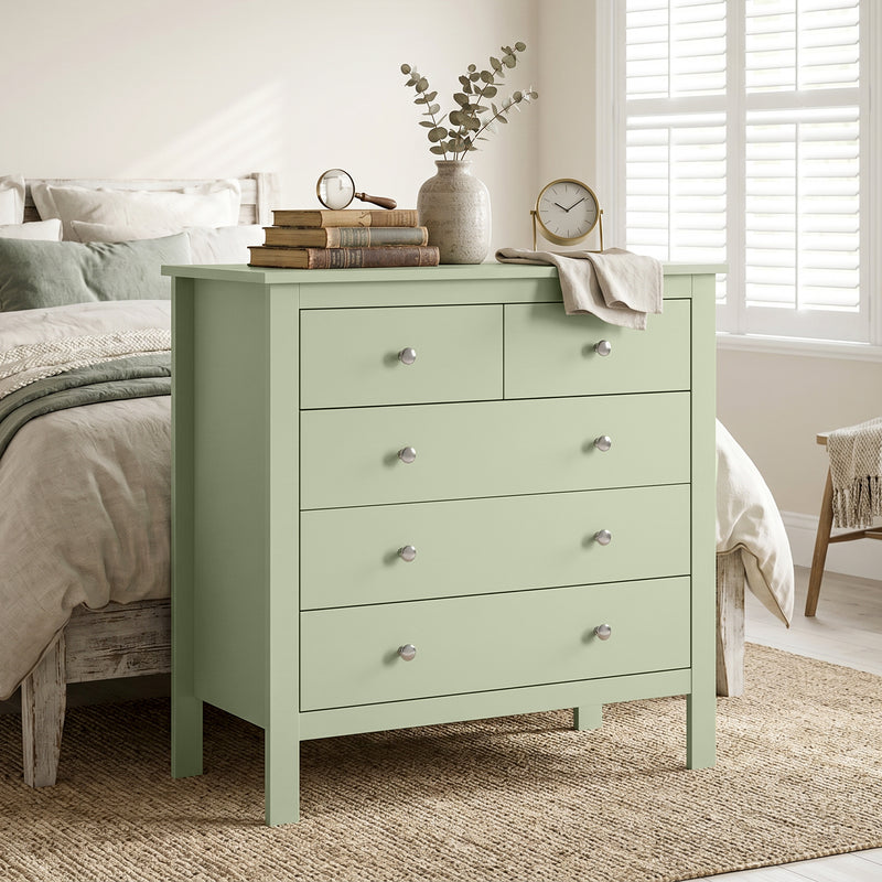 Chest of Drawers with 5 Wide Storage Drawers for Organising Bedroom Clothes Sage Green