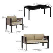 4 Piece Metal Garden Furniture Set with Glass Table and Cushions Khaki by Outsunny