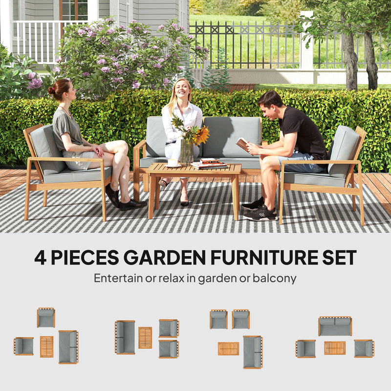 4 Piece Wooden Garden Furniture Set with Soft Cushions in Teak Finish by Outsunny