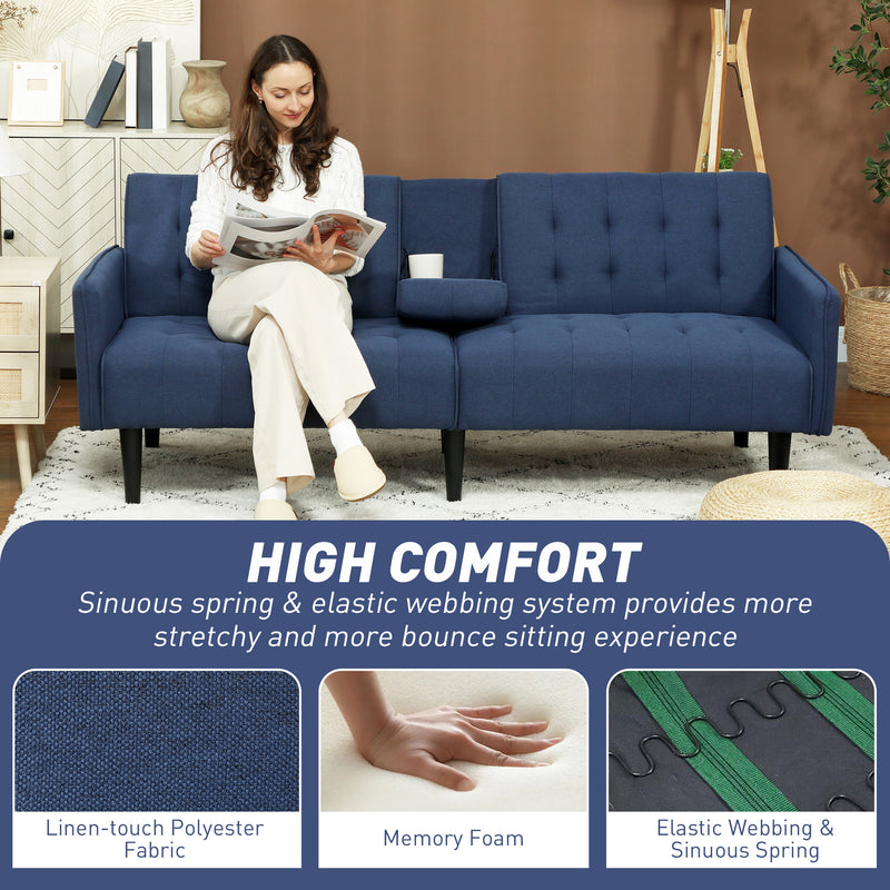 Dark Blue 3 Seater Linen Feel Sofa Bed with Storage and Cupholders by HOMCOM
