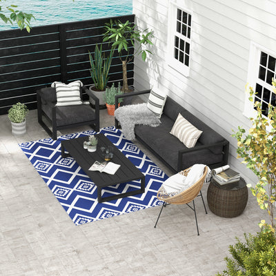 Blue and White Reversible Outdoor RV Mat with Carry Bag Ideal for Camping or Patio Use