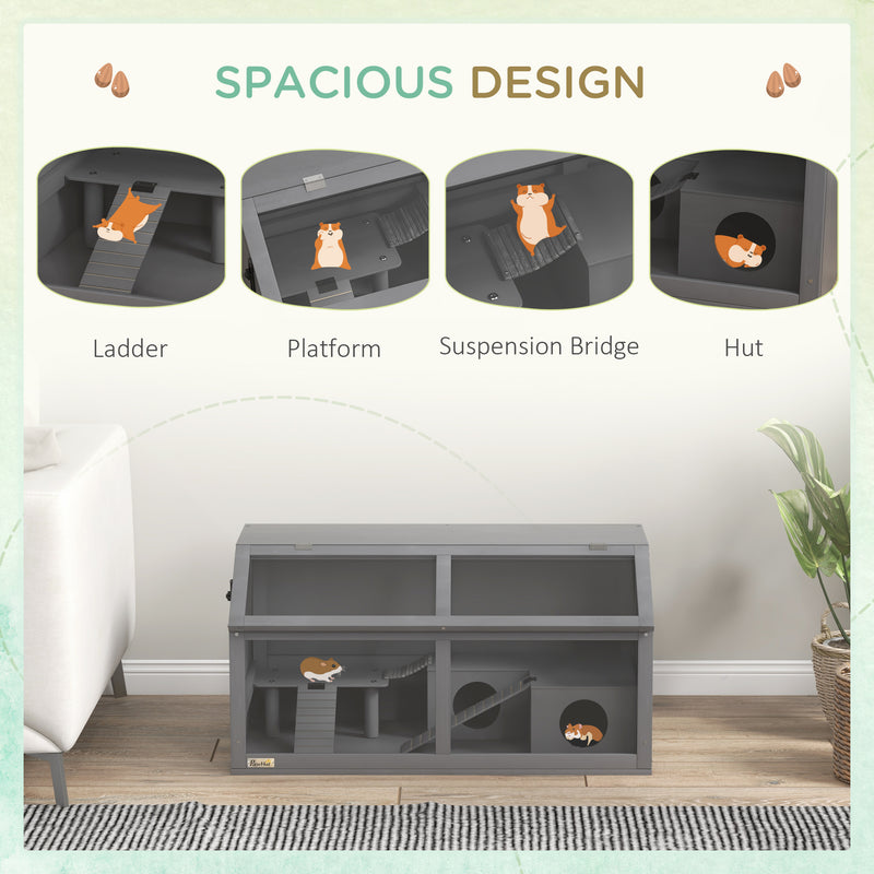 Wooden Hamster and Gerbil Cage with Suspension Bridge and Opening Top, Grey