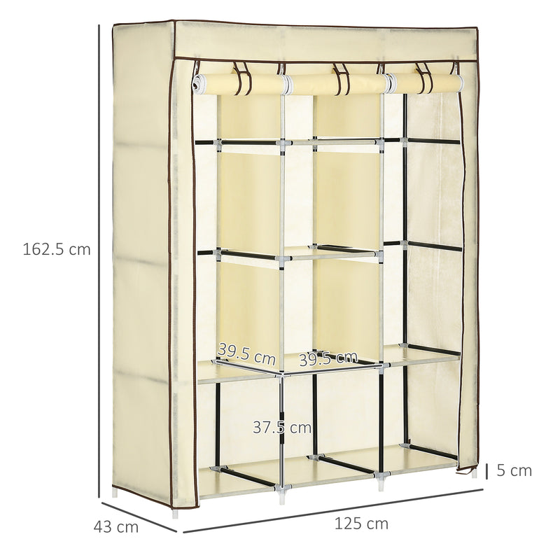 Cream White Fabric Portable Wardrobe with 8 Shelves and 2 Hanging Rods by HOMCOM