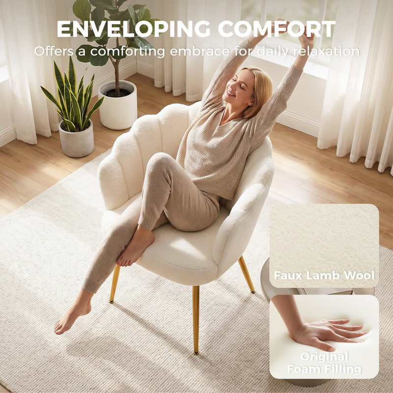 Bedroom Accent Chair with Soft Faux Lamb Wool and Supportive Back for Relaxing Cream