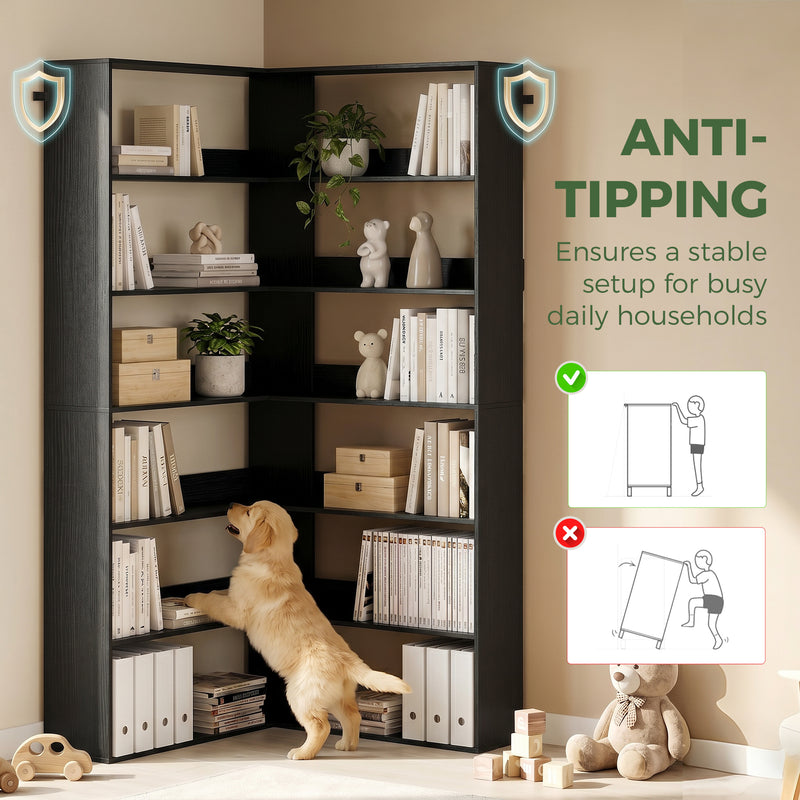 Tall Corner Bookcase with 7 Shelves for Space Saving Storage Black Wood Effect