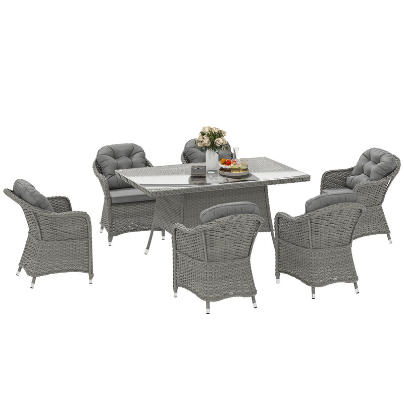 Light Grey 6 Seater Rattan Dining Set With Cushions and Glass Table by Outsunny