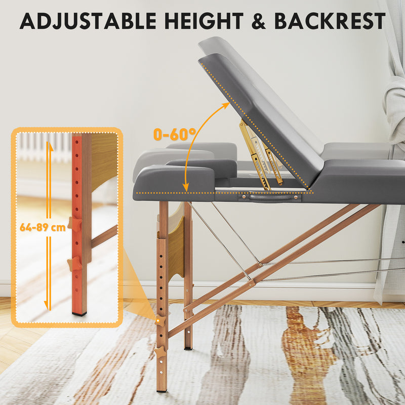 Grey Foldable Massage Table with Beech Wood Legs for Home or Professional Use