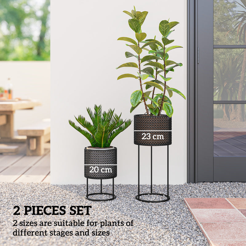Metal Planter Set of 2 for Indoor or Outdoor Plants with Modern Woven Design Black AOSOM