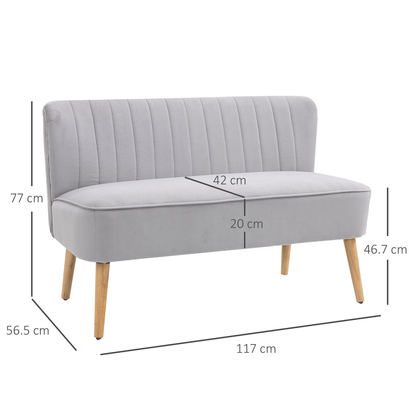 2 Seater Sofa, Modern Light Grey Velvet 2 Seater Sofa with Wooden Frame and Foam Padding for Small Spaces