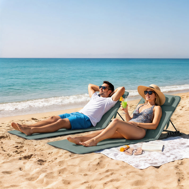 Folding Beach Loungers Set of 2 with Adjustable Backrest and Side Pocket Grey