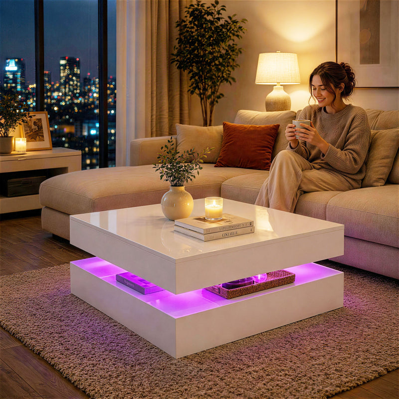 Coffee Table with LED Mood Lighting and Storage Shelf for Organised Living Room High Gloss White