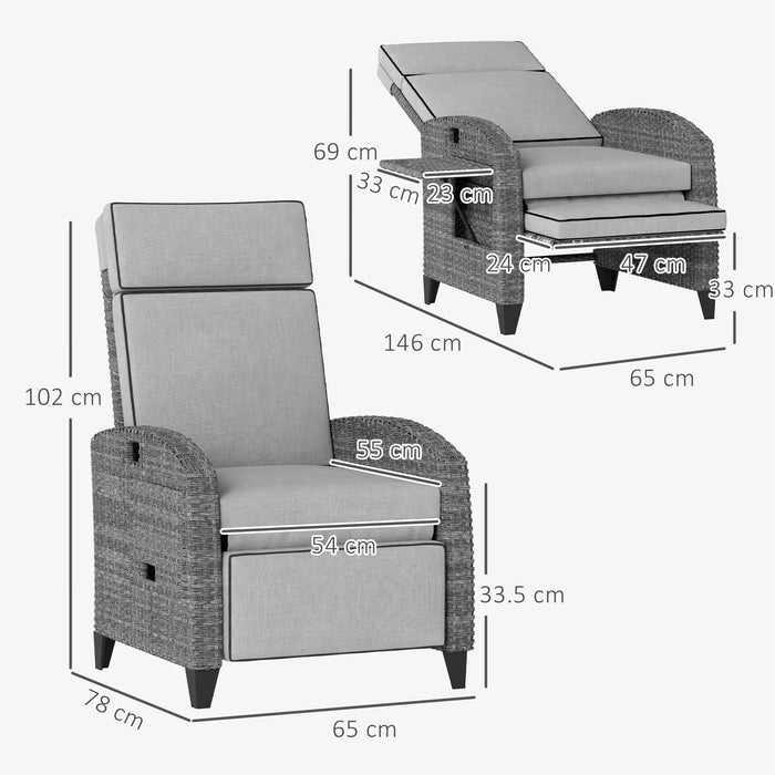 Light Grey Outdoor Recliner Chair with Adjustable Backrest Footrest Cushion and Side Tray by Outsunny