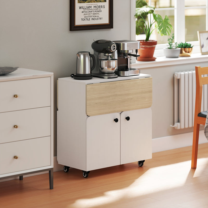 Folding Dining Table with Storage and Wheels for Small Spaces White Natural AOSOM