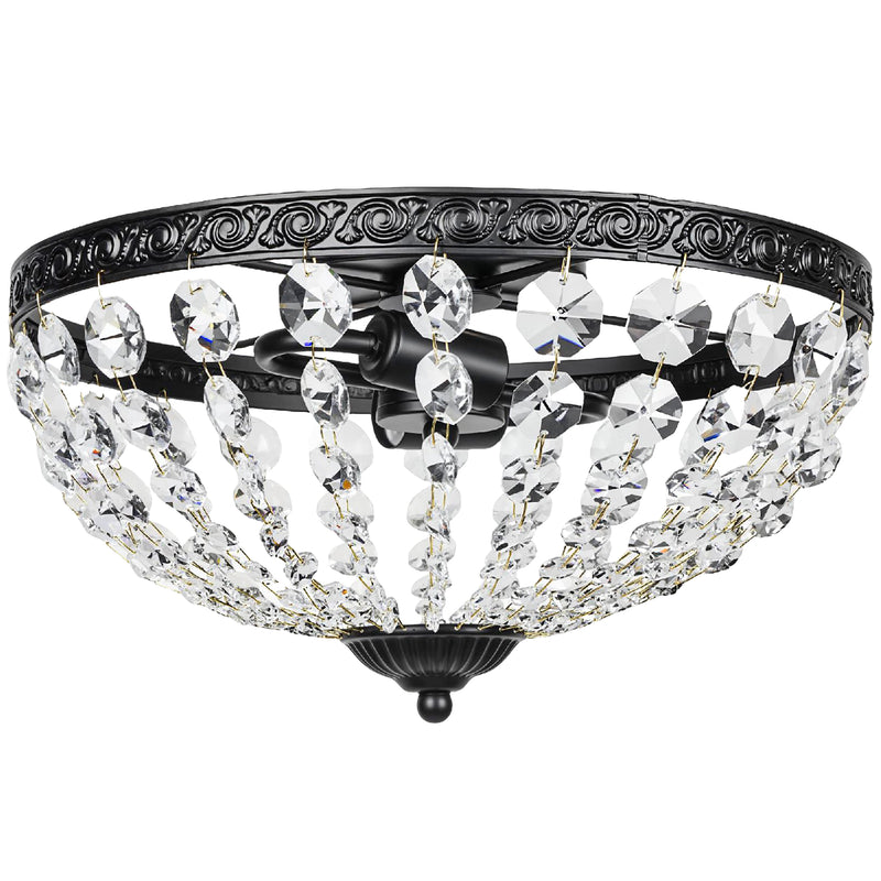 2 Light Flush Mount Crystal Chandelier with 168 Beads Ideal for Lounge or Bedroom, Black