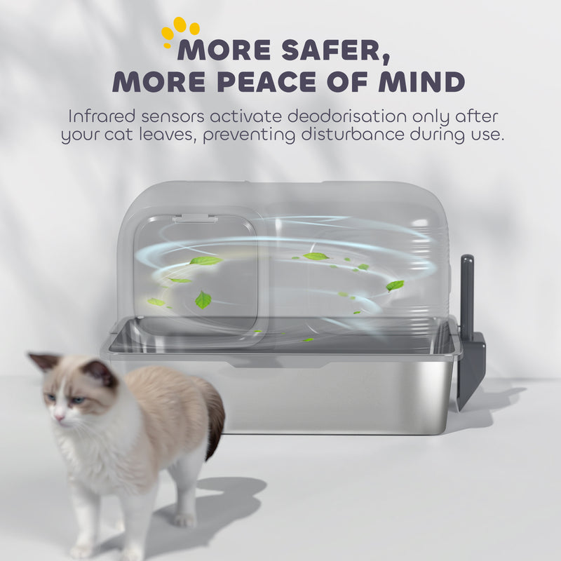 Extra Large Stainless Steel Cat Litter Tray with Odour Control and High Sides, Silver