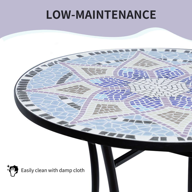 Small Round Mosaic Garden Side Table with 60cm Ceramic Top for Patio or Balcony