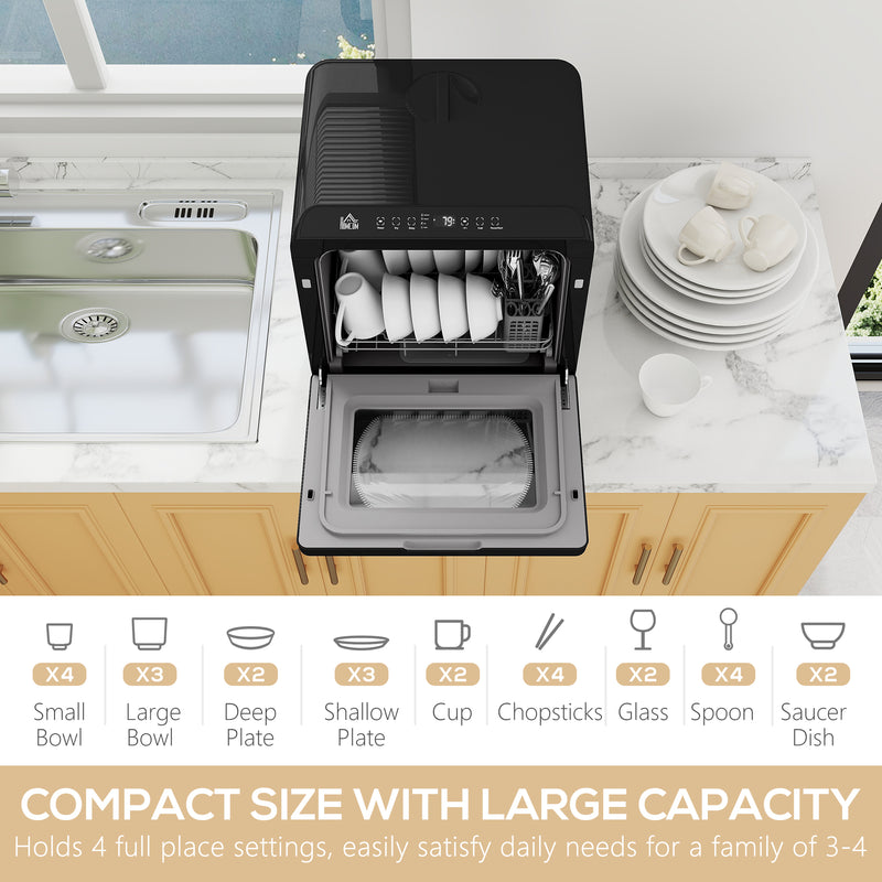 Mini Table Top Dishwasher 6 Programmes With Built In 6L Tank Ideal For Small Kitchens Black