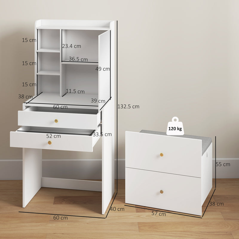 Dressing Table Set with Mirror and Storage Stool for Small Bedrooms White