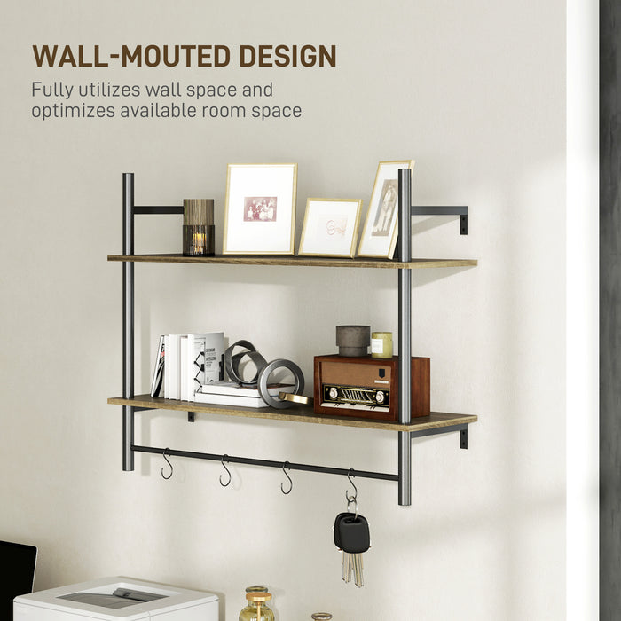 Grey Wall Mounted Floating Shelf With 4 Hooks for Living Room or Entryway by HOMCOM