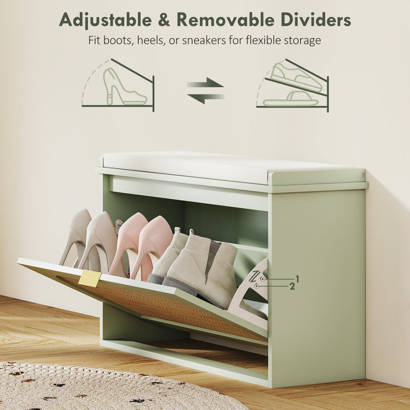 Boho Shoe Storage Bench With Cushion Seat And Flip Drawer For Hallway Light Green