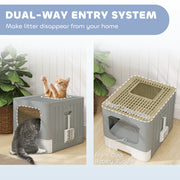 Foldable Cat Litter Box with Lid Drawer and Scoop for Easy Cleaning and Odour Control Grey AOSOM