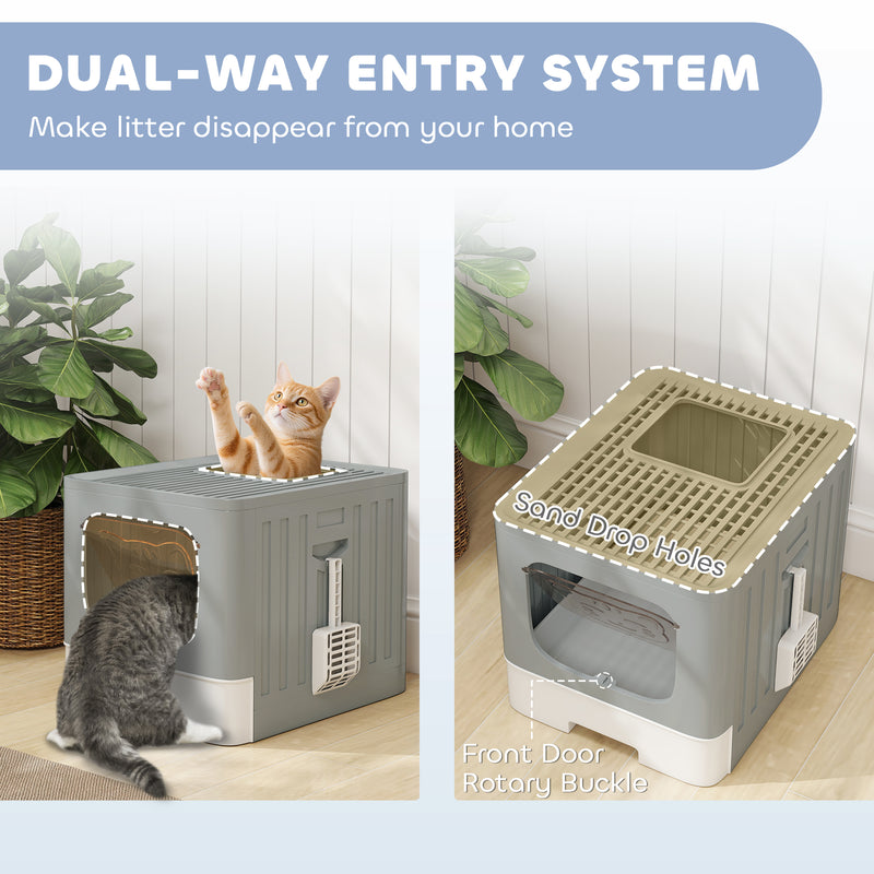 Foldable Cat Litter Box with Lid Drawer and Scoop for Easy Cleaning and Odour Control Grey AOSOM