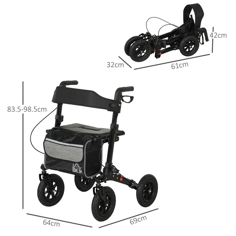Folding Rollator Walker with Padded Seat Backrest Storage Bag and Brakes Black by HOMCOM AOSOM