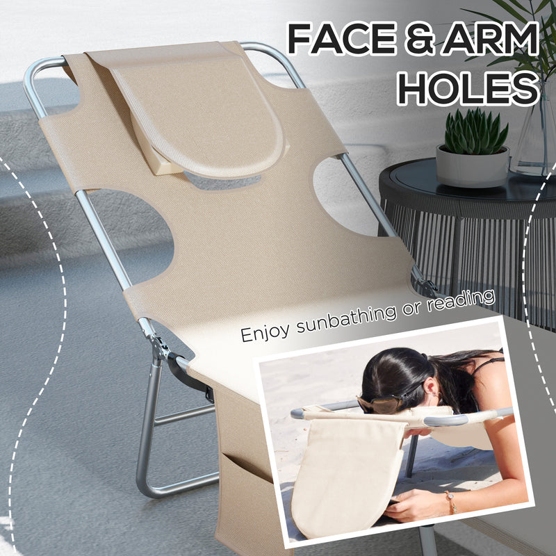 Set of 2 Foldable Sun Loungers with Reading Hole and Adjustable Backrest for Garden Beige AOSOM