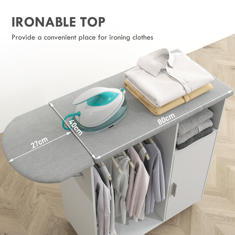 Rolling Ironing Board Cabinet with Storage and Lockable Wheels for Home Use White AOSOM