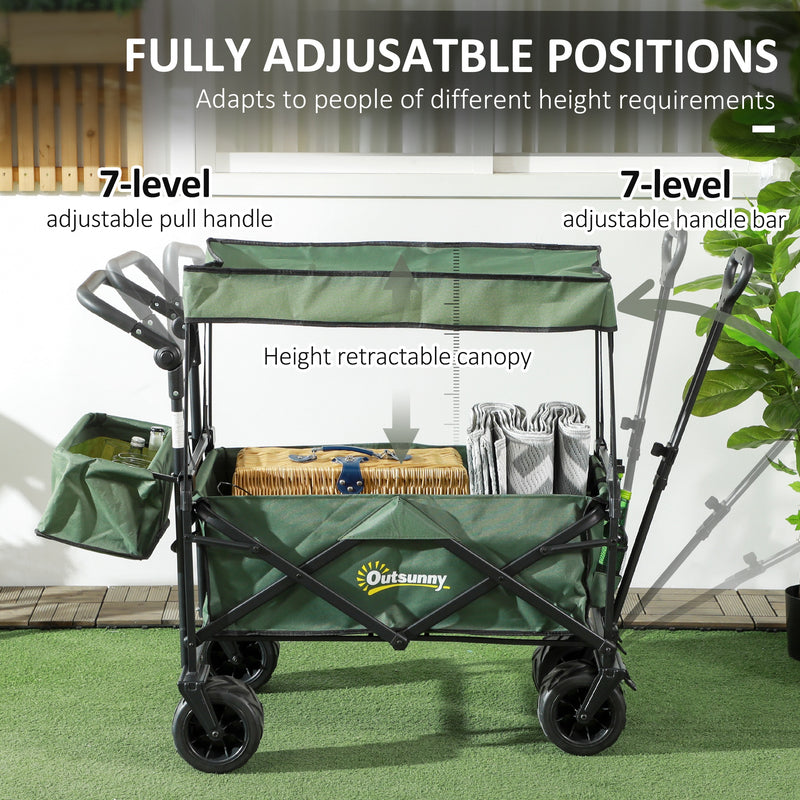 Green Folding Garden Trolley Cart With Canopy And Handle For Camping Or Beach Use