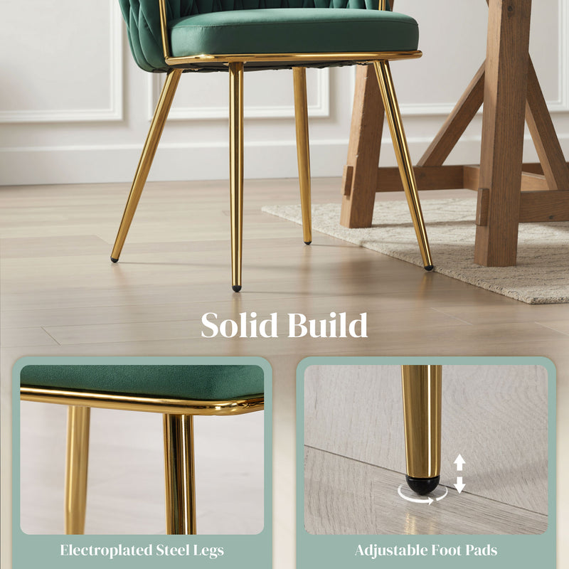 Set of 2 Velvet Dining Chairs with Armrests and Woven Backrest for Home Comfort Dark Green Homcom