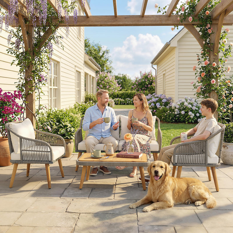 Rattan Garden Furniture Set for Relaxing Outdoor Seating with Cushions and Coffee Table Cream Outsunny