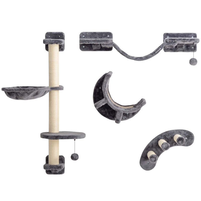 Four Piece Cat Wall Furniture Set with Hammock and Steps for Indoor Climbing Fun, Dark Grey