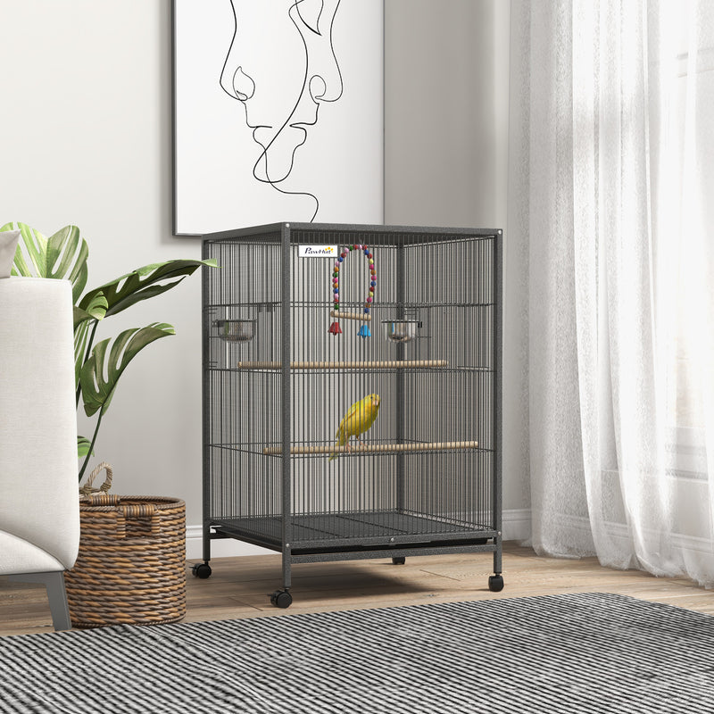 Bird Cage With Rolling Stand For Budgies And Small Birds Easy Access Design, Grey