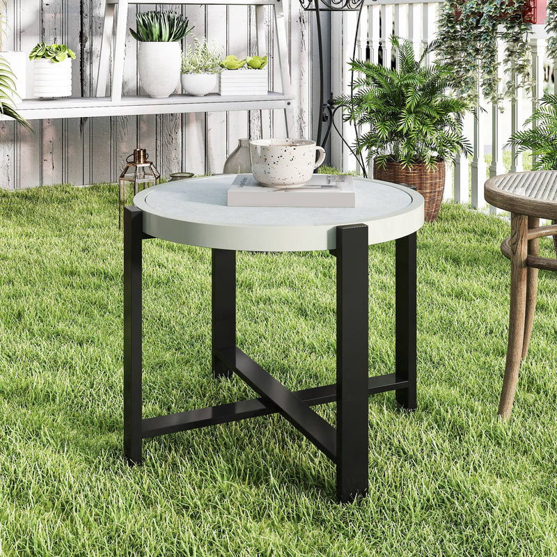 60cm Round Garden Side Table with Tempered Glass Top Aluminium Frame Light Grey
