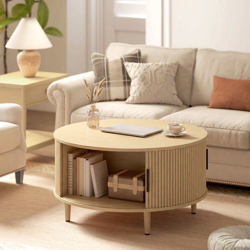 Round Coffee Table With Hidden Storage for Safer Clutter-Free Living Room Natural Wood