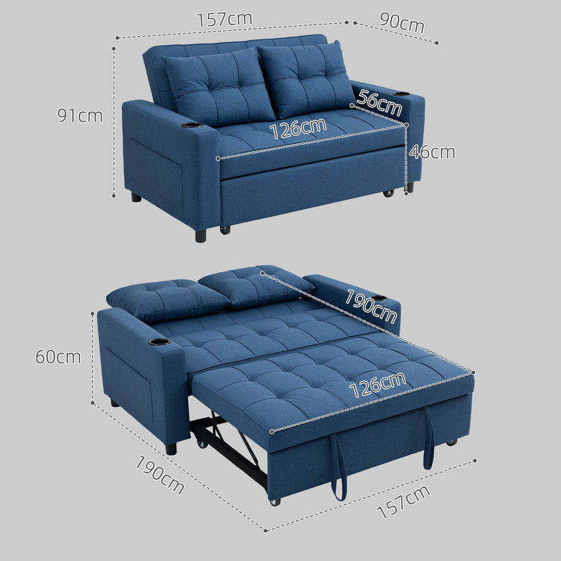 2 Seater Sofa Bed with Storage Pockets and Full Size Pull Out Bed Dark Blue