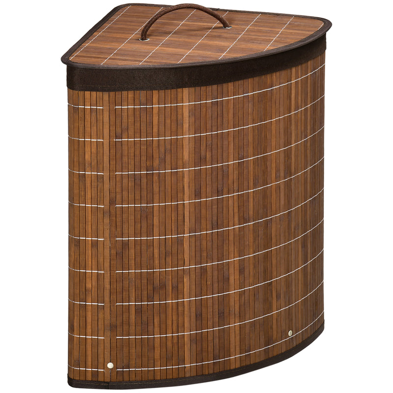 Brown Bamboo Laundry Basket With Lid 55L Removable Washable Lining Corner Hamper by HOMCOM
