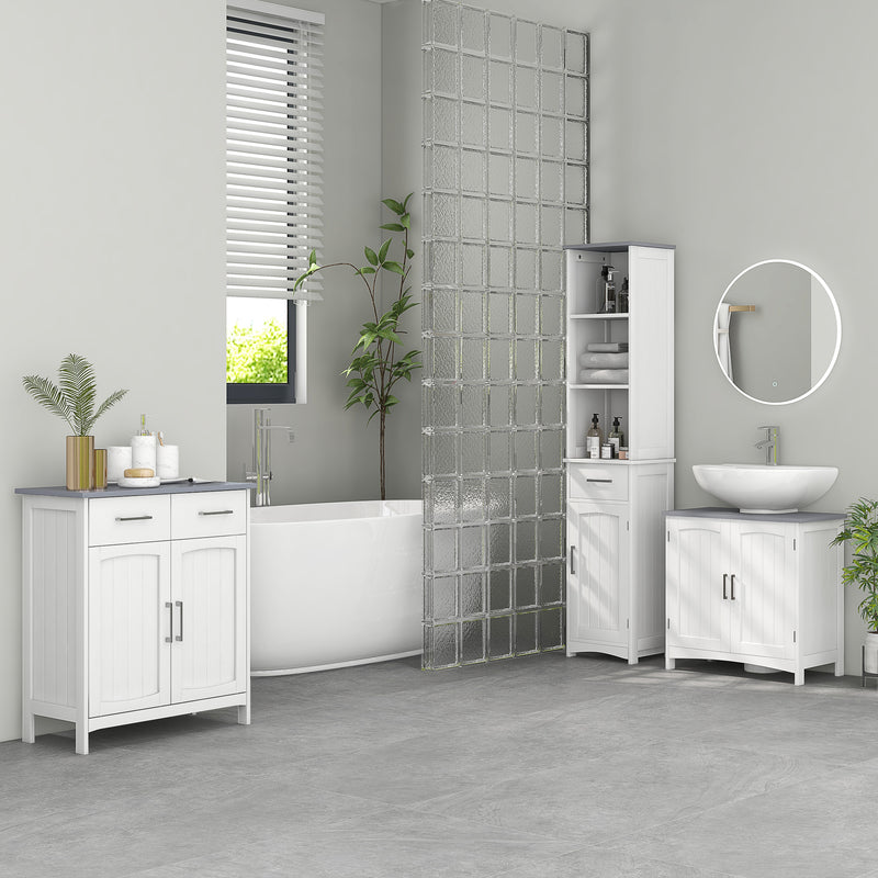 3 Piece White Bathroom Furniture Set Tall Storage Cabinet Sink Unit with Shelves and Drawers by kleankin