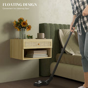 Set of 2 Wall Mounted Bedside Tables with Rattan Panels for Bedroom Storage Wood Effect