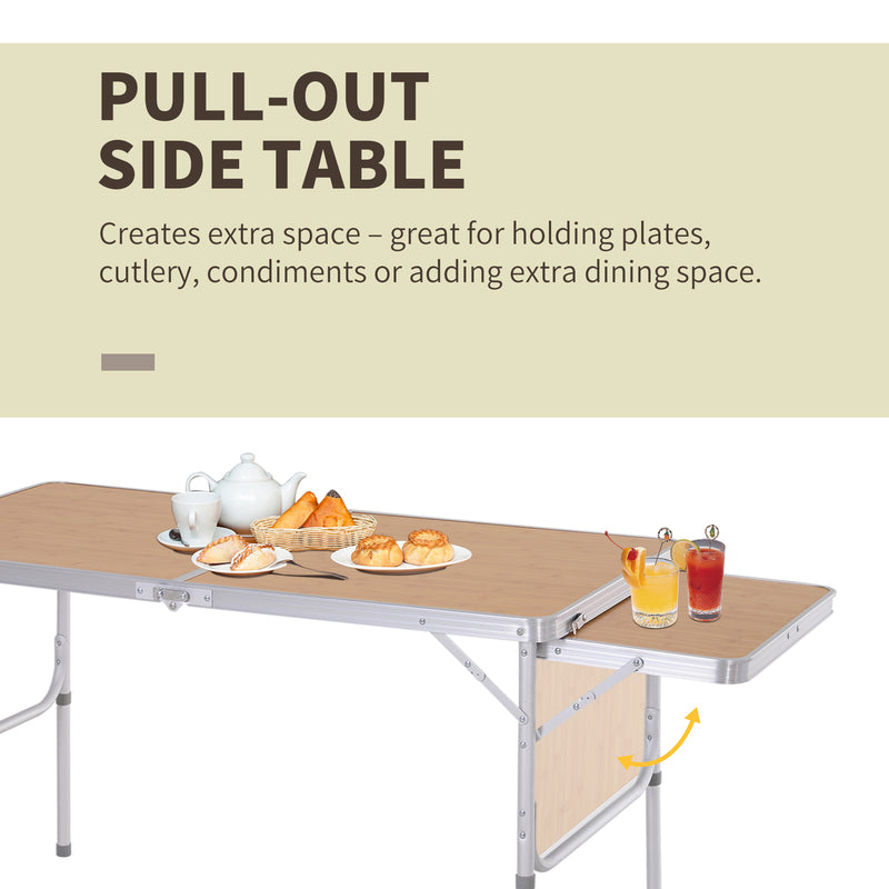Folding Camping Table with Adjustable Height and Pull Out Side Table for Outdoor Dining Bamboo