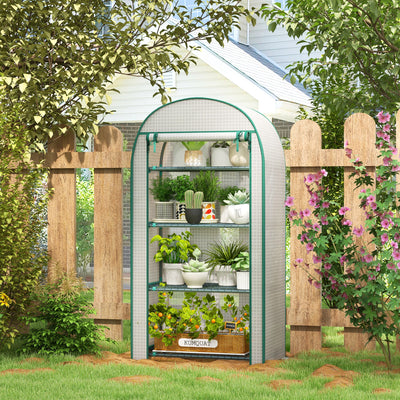 4 Tier Mini Greenhouse with Shelves for Outdoor Gardening and Plant Protection White