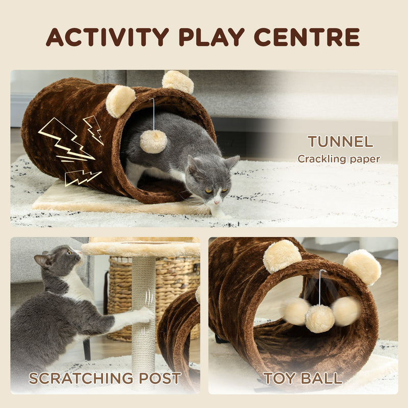 Small Cat Tree with Scratching Post Bed Tunnel and Toy Ball Dark Brown by PawHut