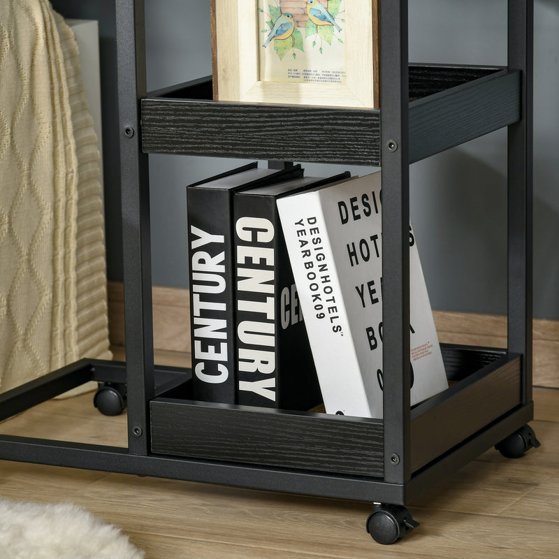 Set of 2 C Shaped Sofa Side Tables with Lockable Wheels and 3 Tier Storage, Dark Brown