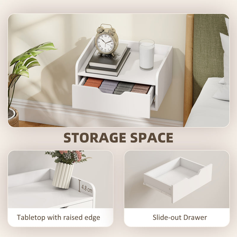 Floating Bedside Tables Set of 2 with Drawer and Shelf Space Saving Storage White AOSOM